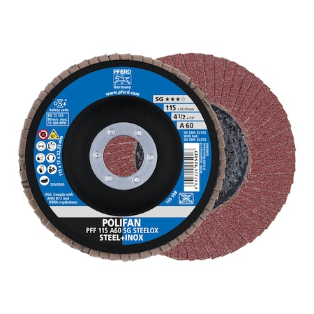 Pferd 4-1/2" x 7/8" A.H. POLIFAN Flap Disc - A SG STEELOX, Aluminum oxide, 60 Grit, Flat 62152
